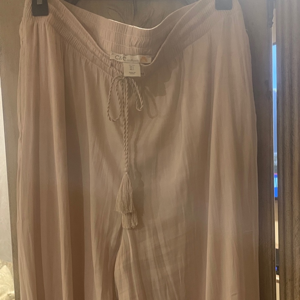 C&C California Soft Beige Tassel Drawstring Wide-Leg Pants